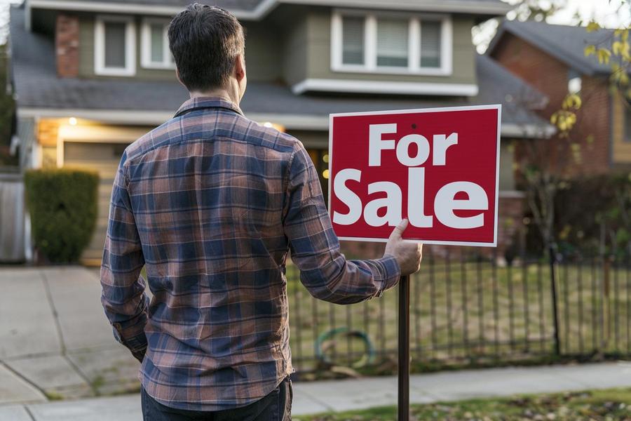 Alt text: "House for sale with sign 'Can I Sell My House Below Market Value'"