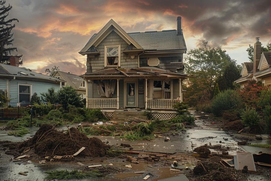 Alt text: "Residential property damaged by storm - Selling a house with storm damage."