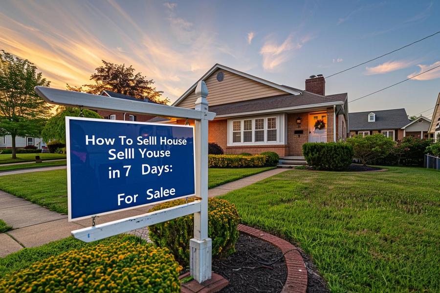 Alt text: A staged living room with "How To Sell Your House in 7 Days" theme.