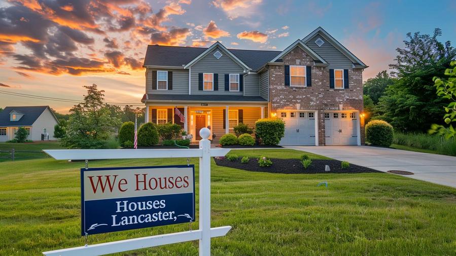 Alt text: A house with a "we buy houses lancaster" sign, offering fast solutions.