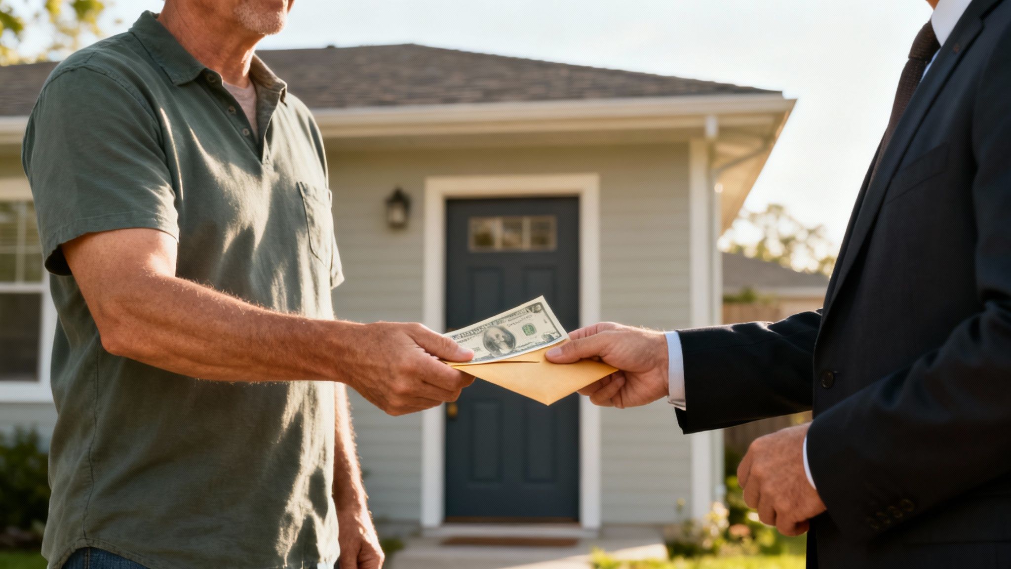 A modern home with a well-kept lawn, representing a property that could be sold for cash.