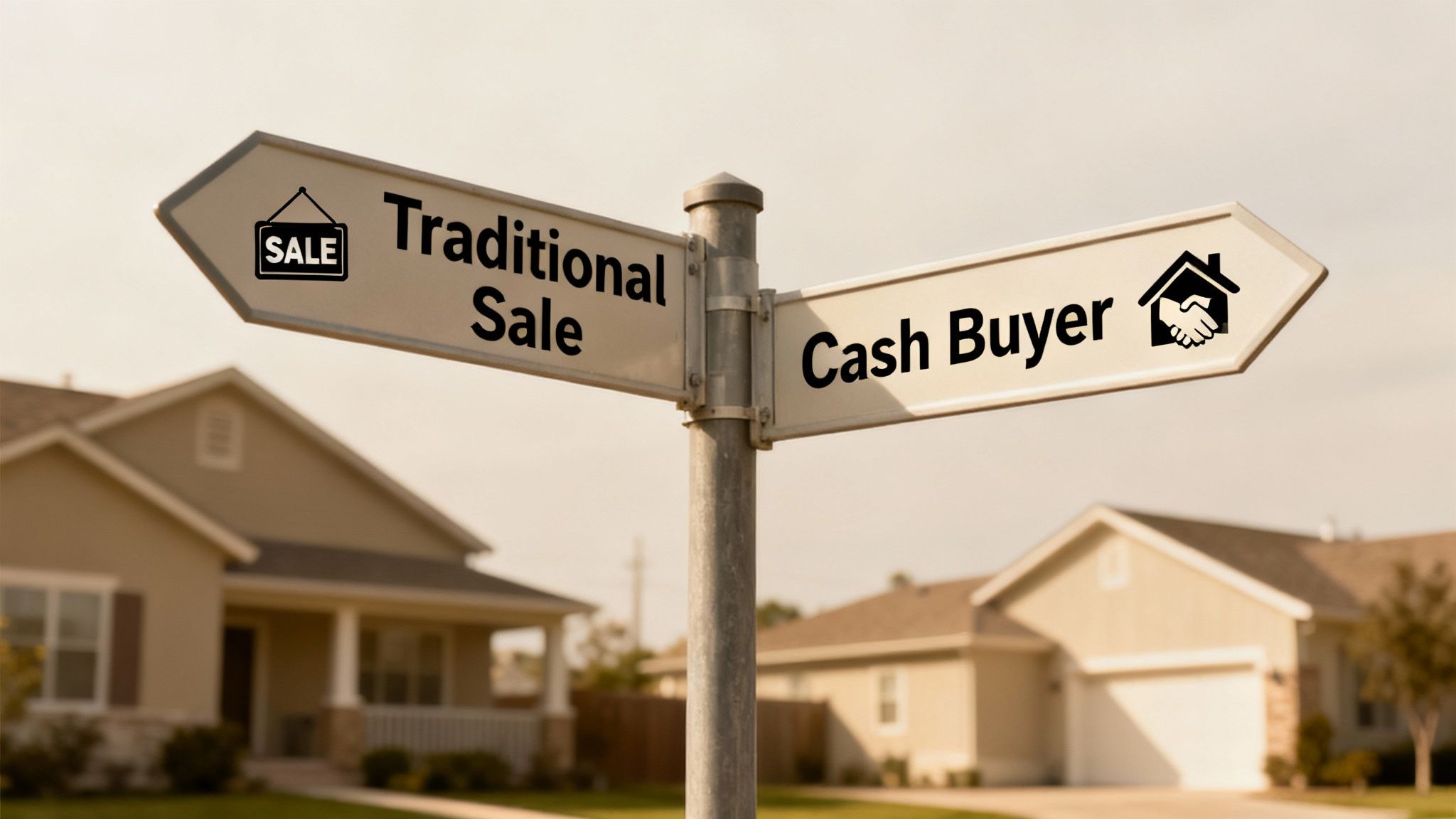 A forked road in a sunny, green landscape representing a choice in selling a home.