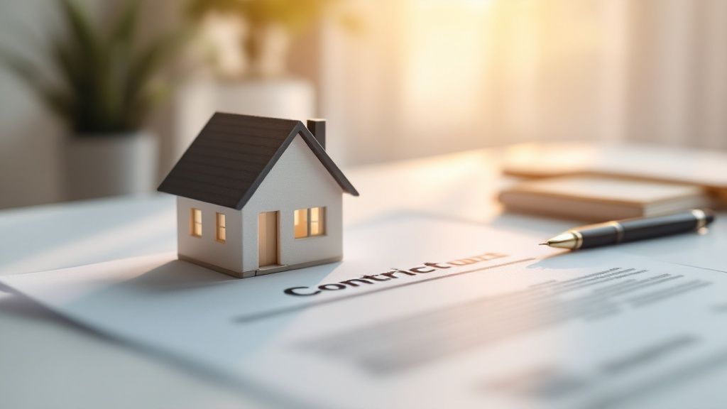 A real estate agent showing a modern house to a couple, symbolizing the commission process.