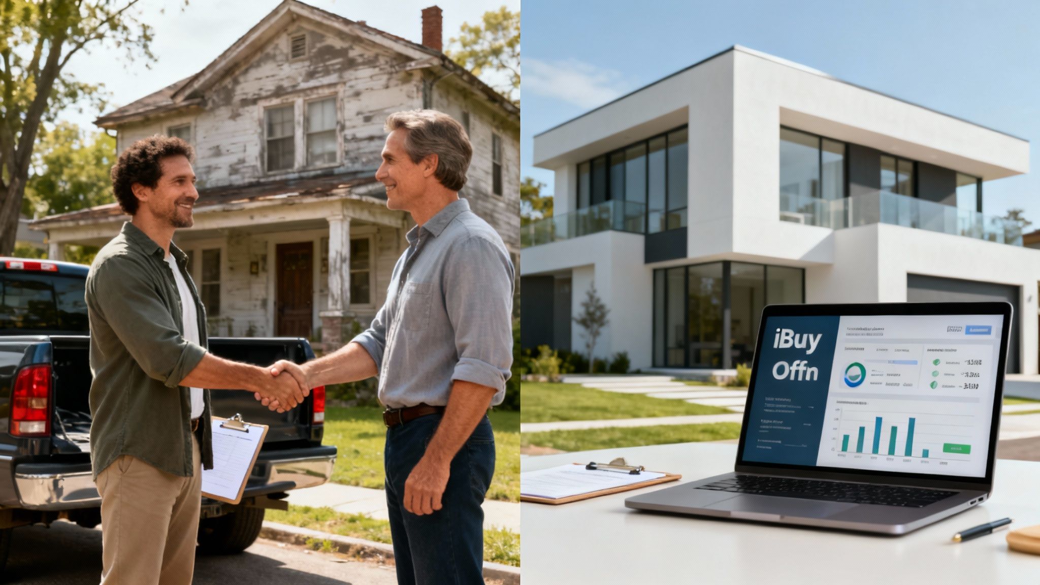 A modern home with a swimming pool, contrasted with an older, more traditional house, symbolizing the difference between properties an iBuyer and a cash buyer might purchase.