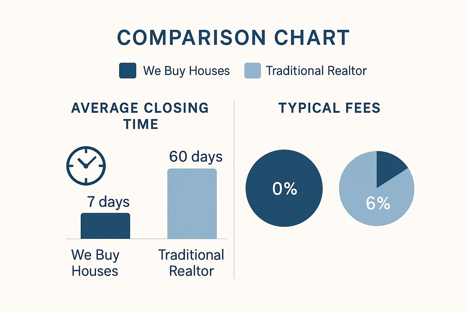 Infographic comparing the average closing time and typical fees for We Buy Houses companies versus traditional realtors.