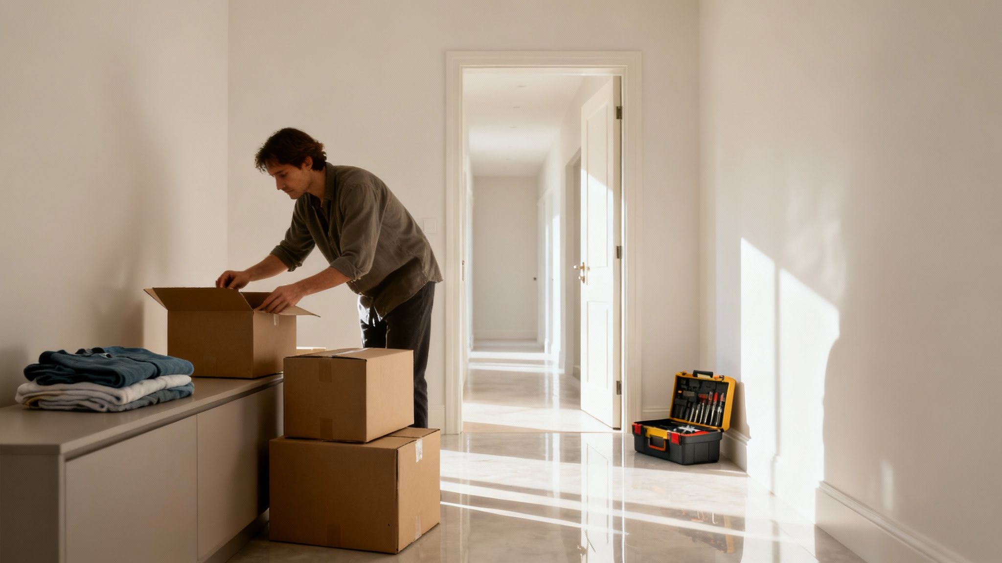 A person sorting through boxes and belongings in a well-lit living room, representing the process of preparing an inherited house for sale.
