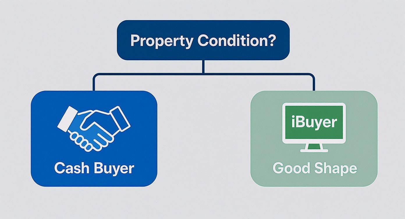 Infographic decision tree comparing cash buyers and iBuyers based on property condition.