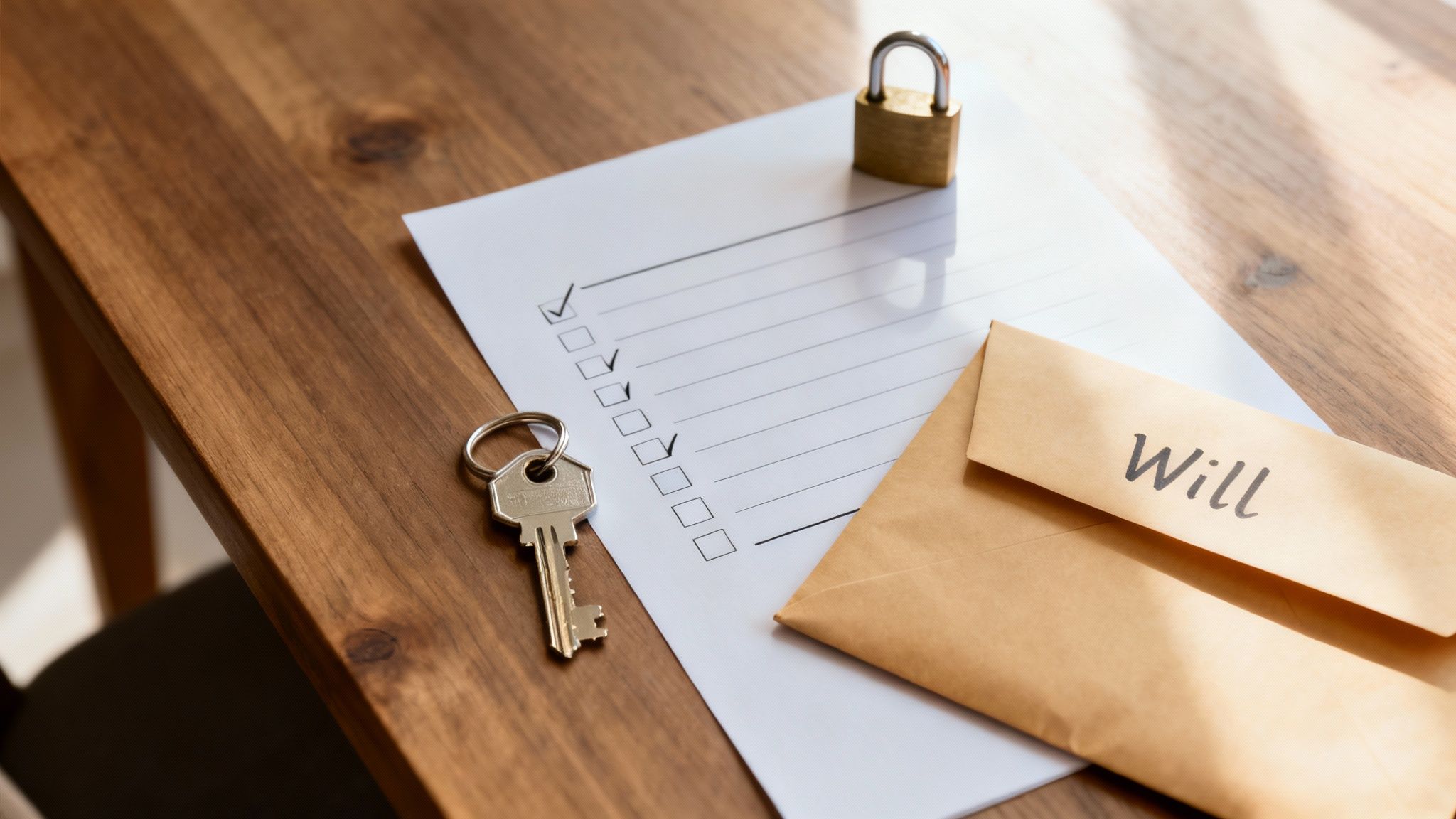 An organized home office with a laptop, notebooks, and a lamp, symbolizing the start of the process to sell an inherited house.