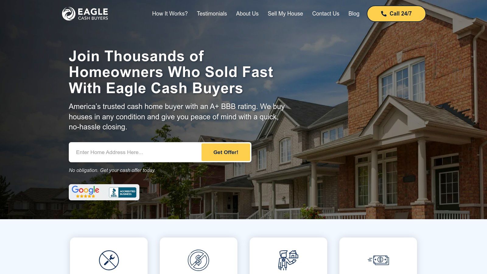 A screenshot of the Eagle Cash Buyers website homepage, showcasing their simple three-step process to get a cash offer.