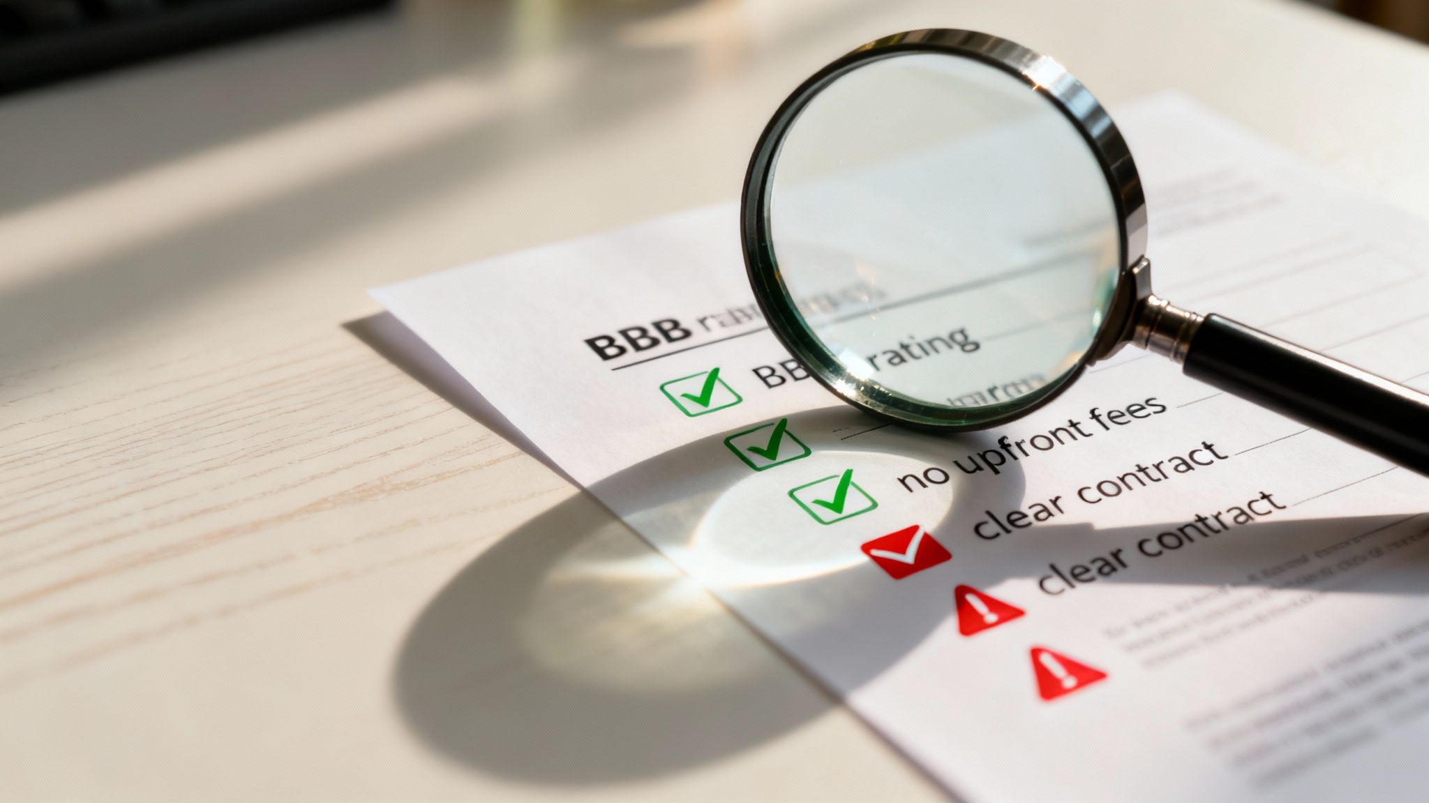 A person using a magnifying glass to inspect a house, symbolizing the process of vetting a reputable cash home buyer.