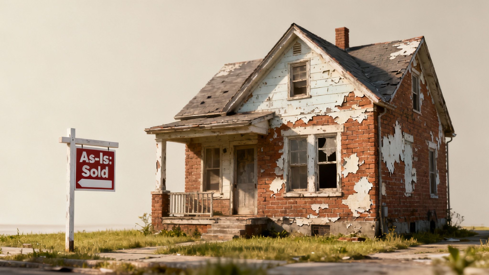 A Buffalo home with a 'For Sale' sign indicating an as-is sale.