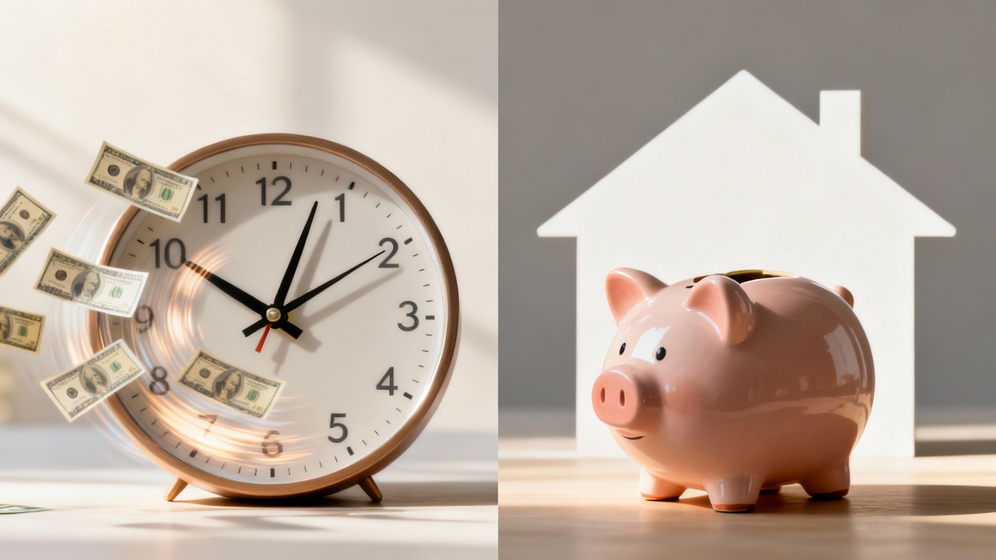 A set of scales balancing a house on one side and a stack of cash on the other, symbolizing the trade-offs of a cash sale.