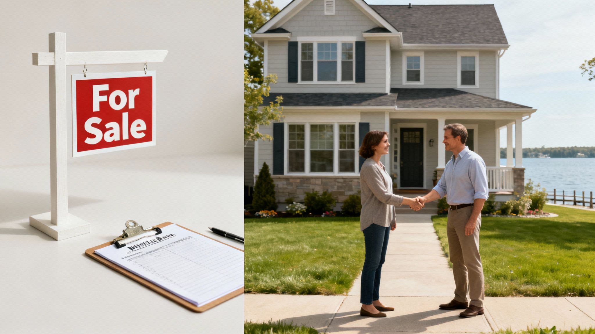 A bright, modern kitchen with white cabinets and a large island, representing a home ready for sale.