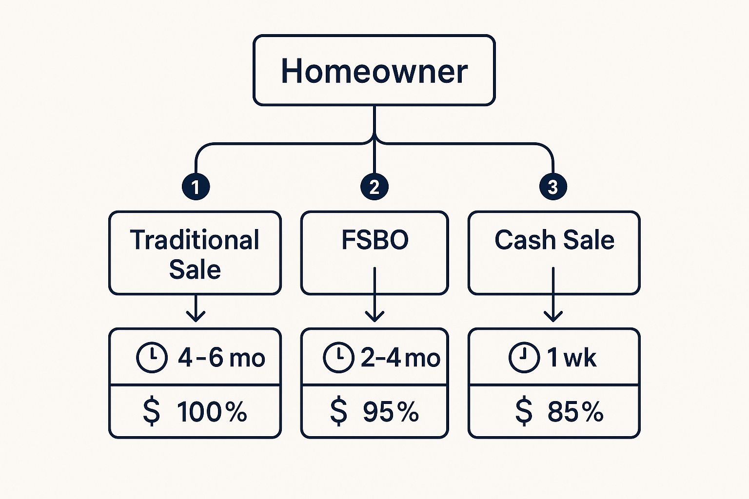 Infographic showing a process flow for a homeowner selling their house through a Traditional Sale, FSBO, or Cash Sale, with timeline and price data for each.