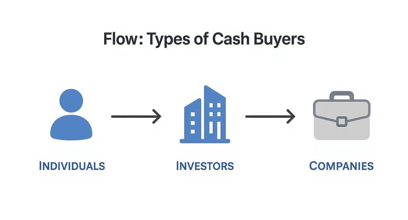 Infographic showing the process flow of cash buyers from individuals to investors to companies.