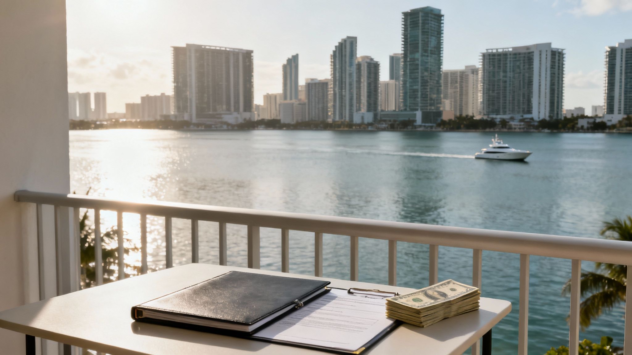 Aerial view of the Miami skyline with vibrant blue water, illustrating the city's appeal to investors.