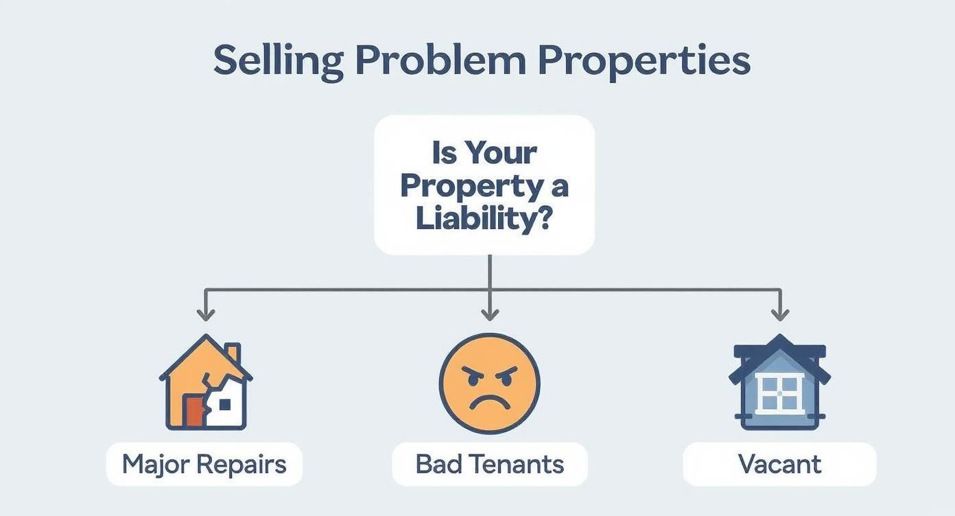 Infographic decision tree helping homeowners decide if their problem property is a liability that warrants a cash sale.