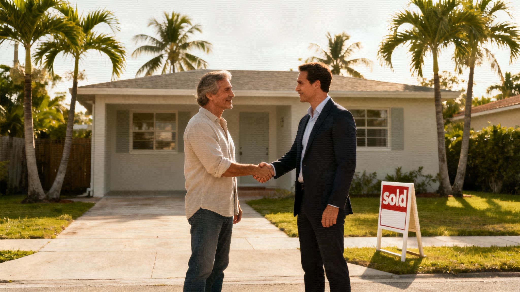 A modern, sunlit Miami home with a swimming pool, representing a desirable property for cash home buyers.