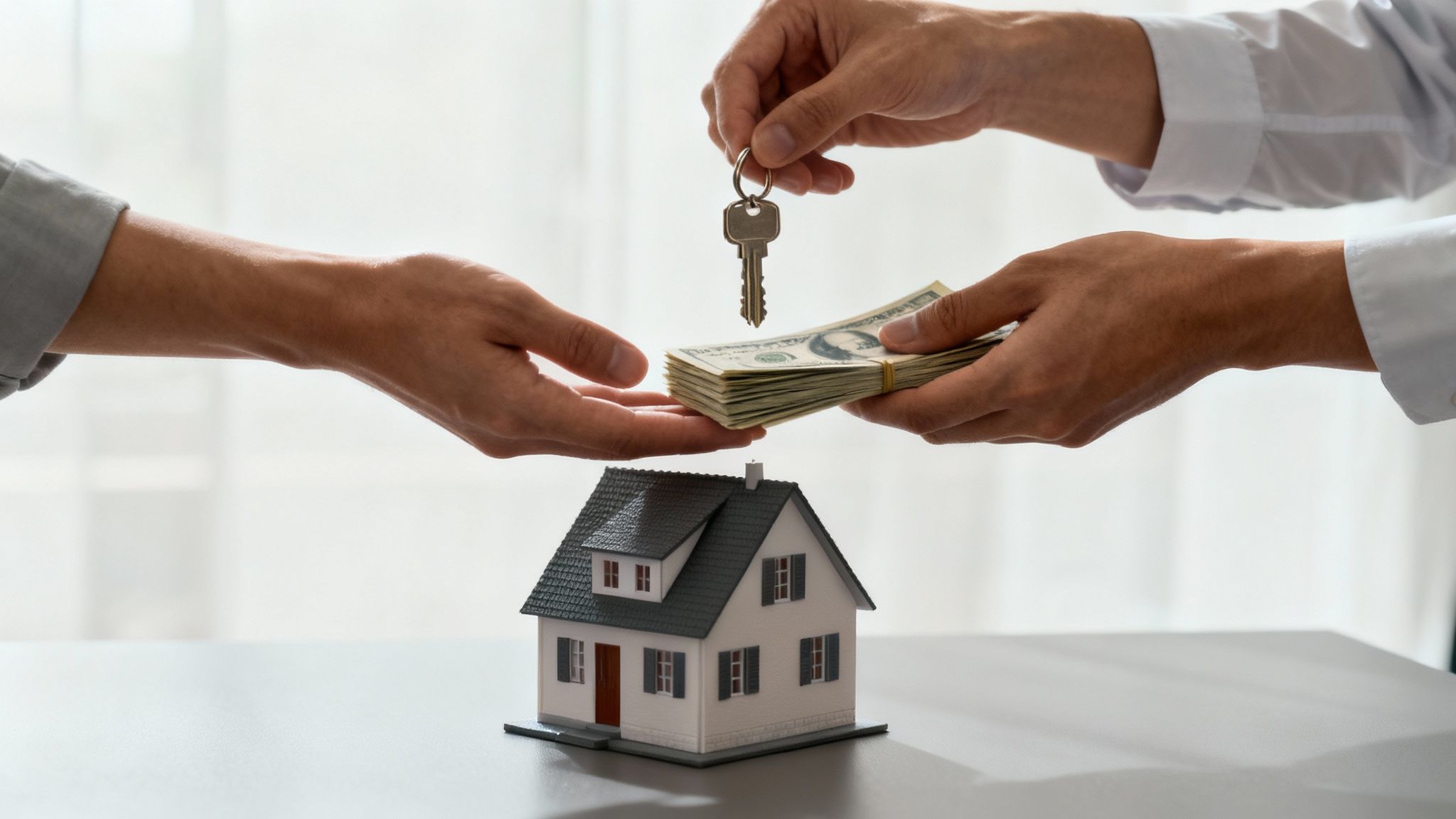 A smiling couple holding keys in front of a house, symbolizing a successful and fast cash sale.