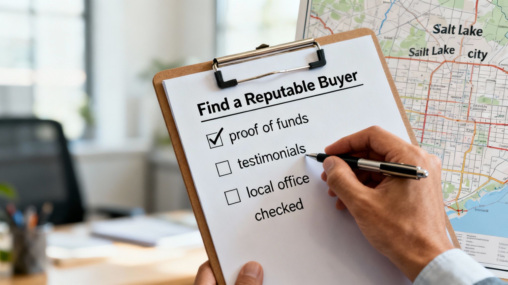 A person reviewing documents at a desk, symbolizing the vetting of a cash buyer.