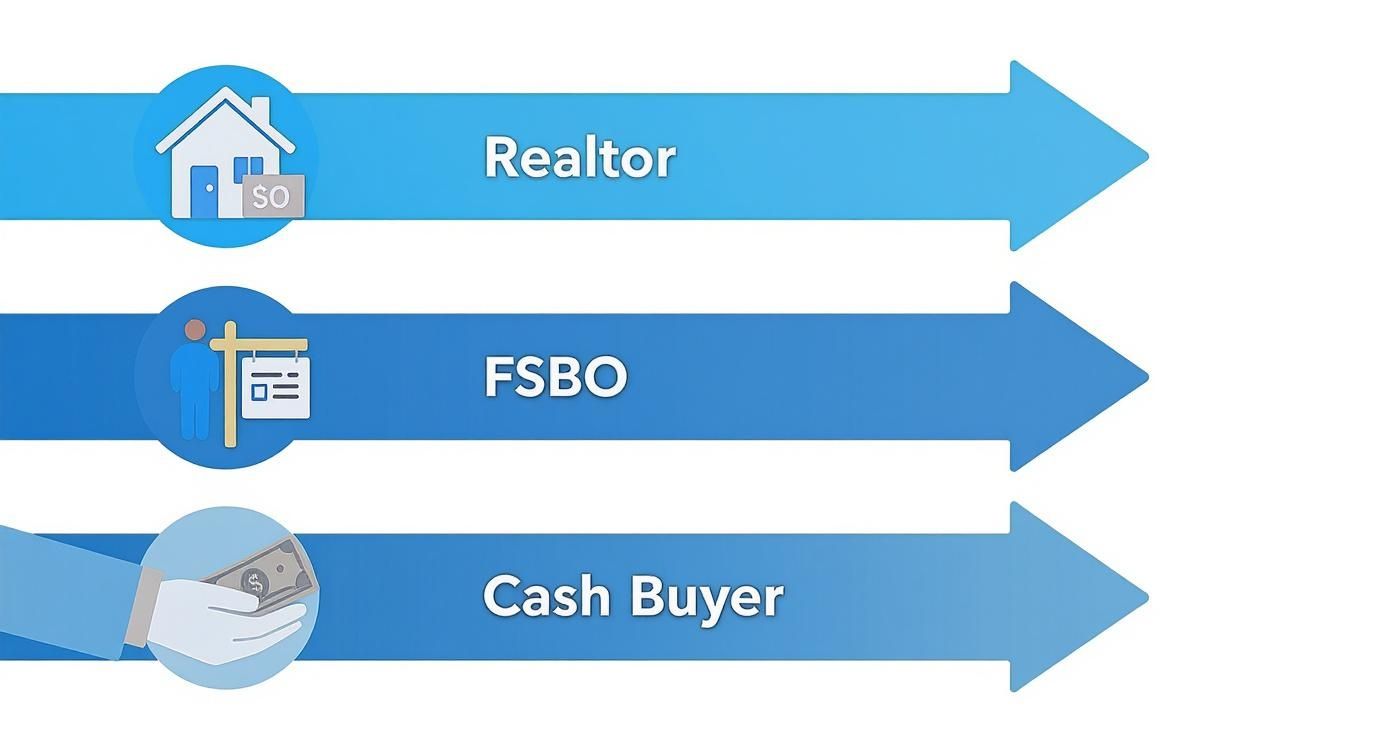 Infographic comparing the process of selling a home with a Realtor, FSBO, and a cash buyer.