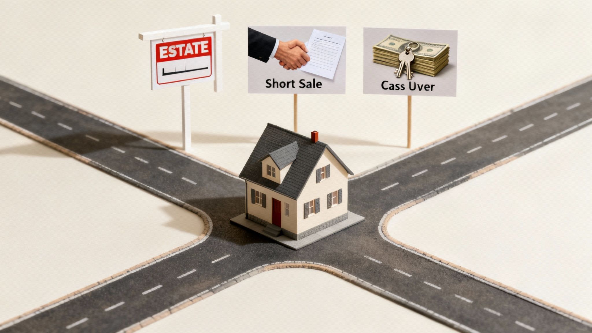Three signs in a grassy yard showing different options for selling a house during foreclosure