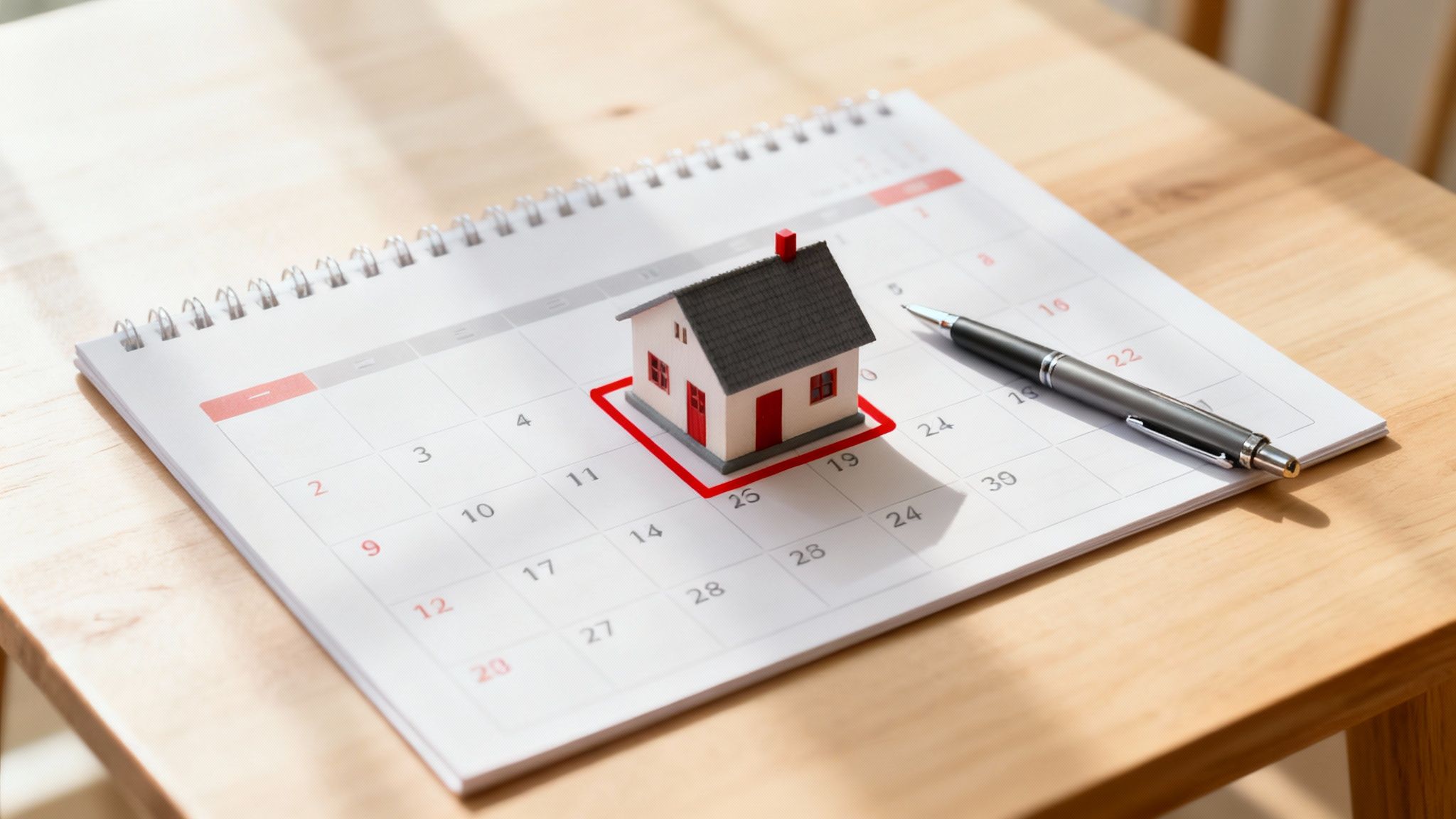 Miniature house model on calendar with pen representing real estate transaction planning and scheduling