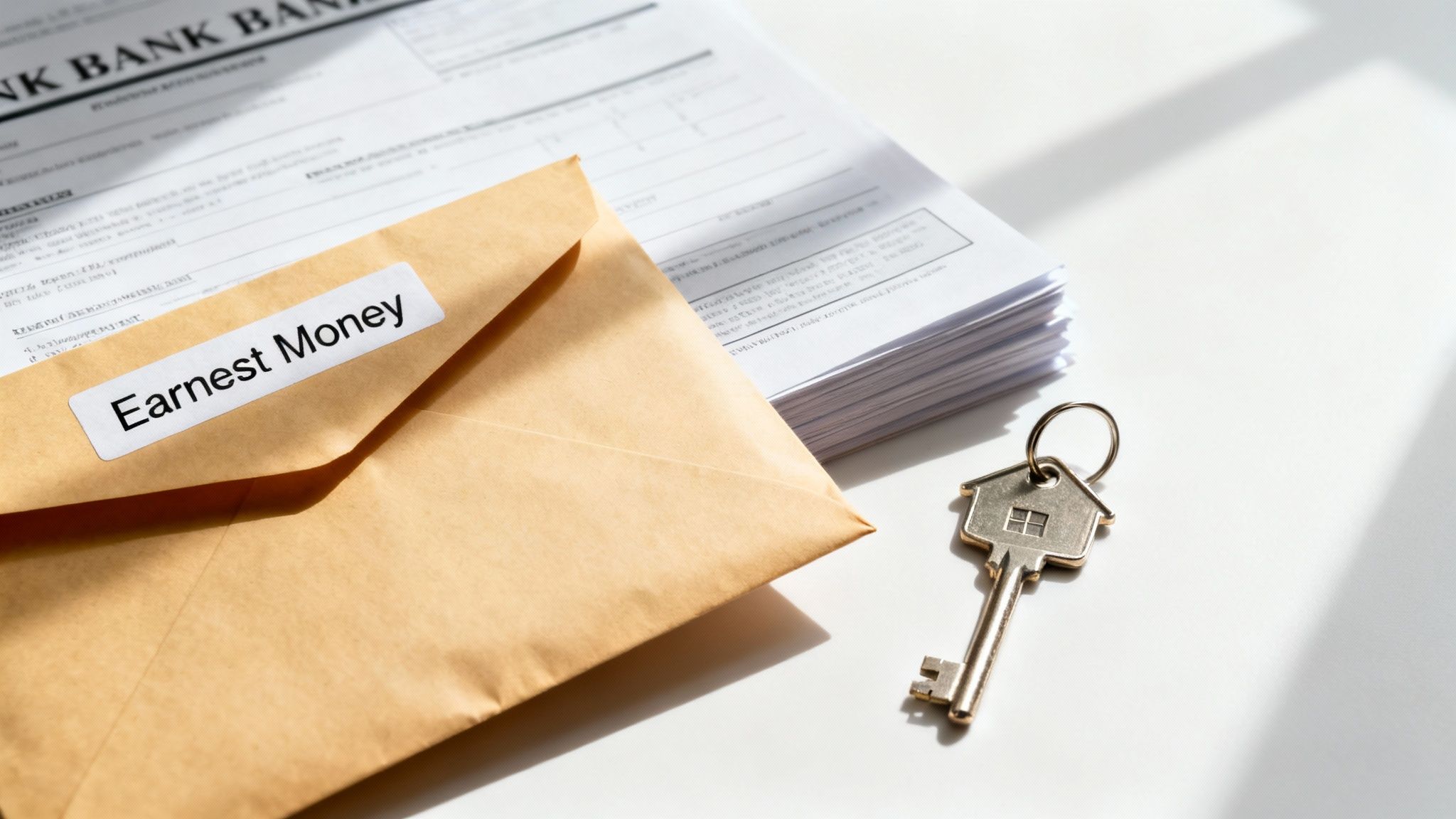 Earnest money envelope with house keys and bank documents on white surface