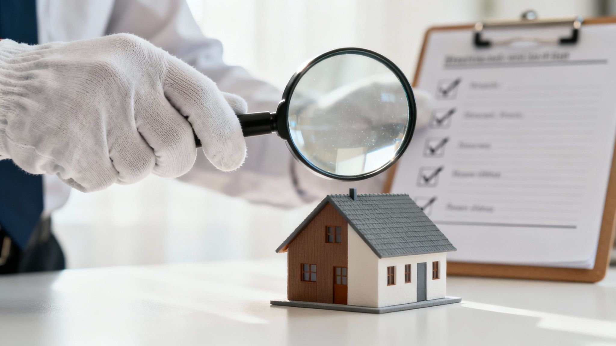 Inspector examining model house with magnifying glass and checklist for property evaluation