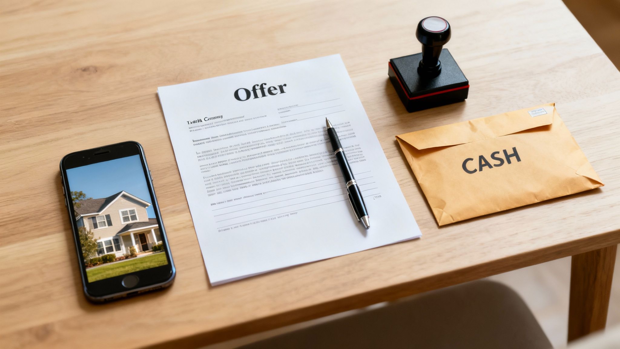 Two hands shaking over a table with house keys and documents.