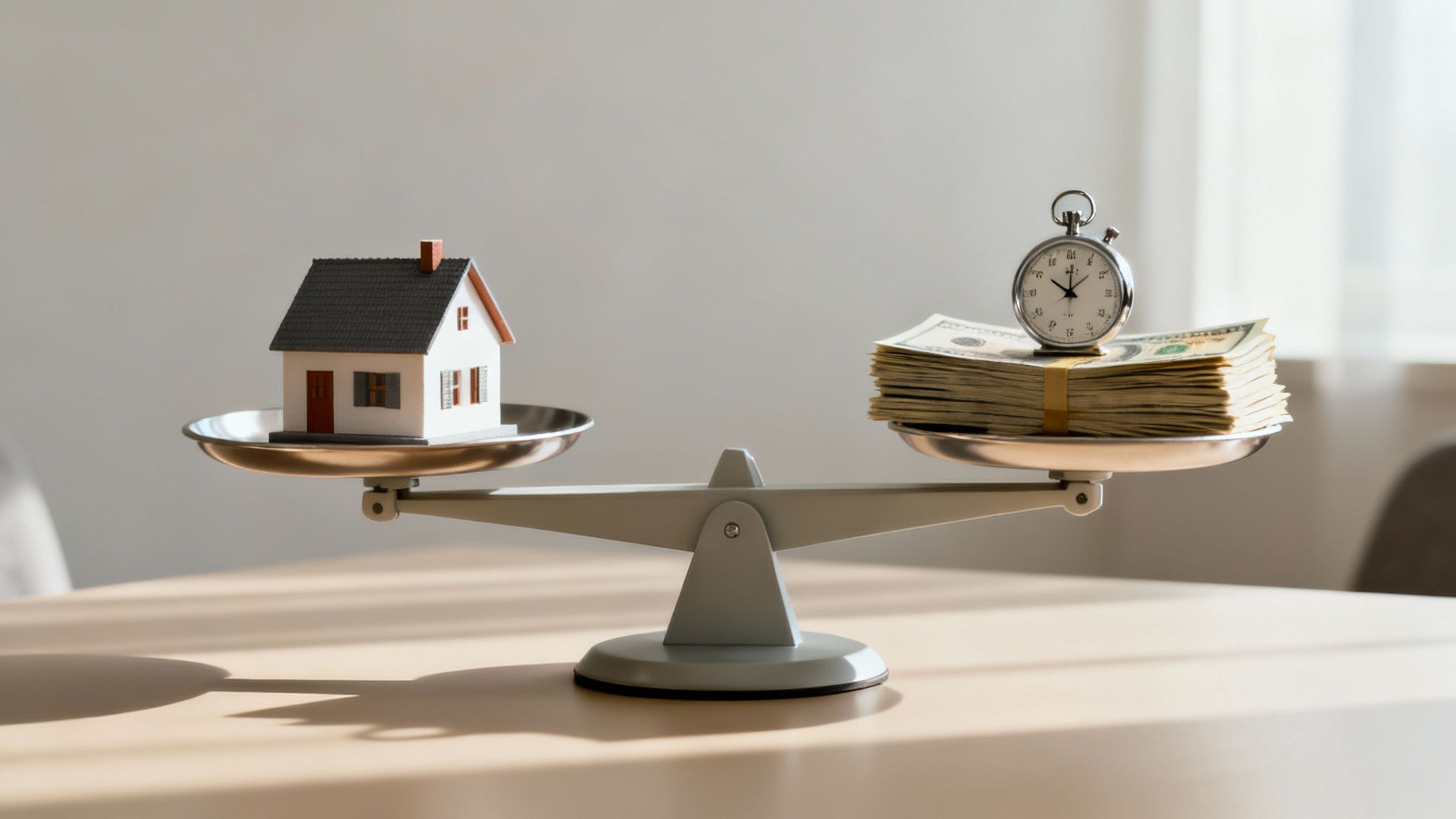 Scale balancing miniature house model against stack of cash and stopwatch representing time