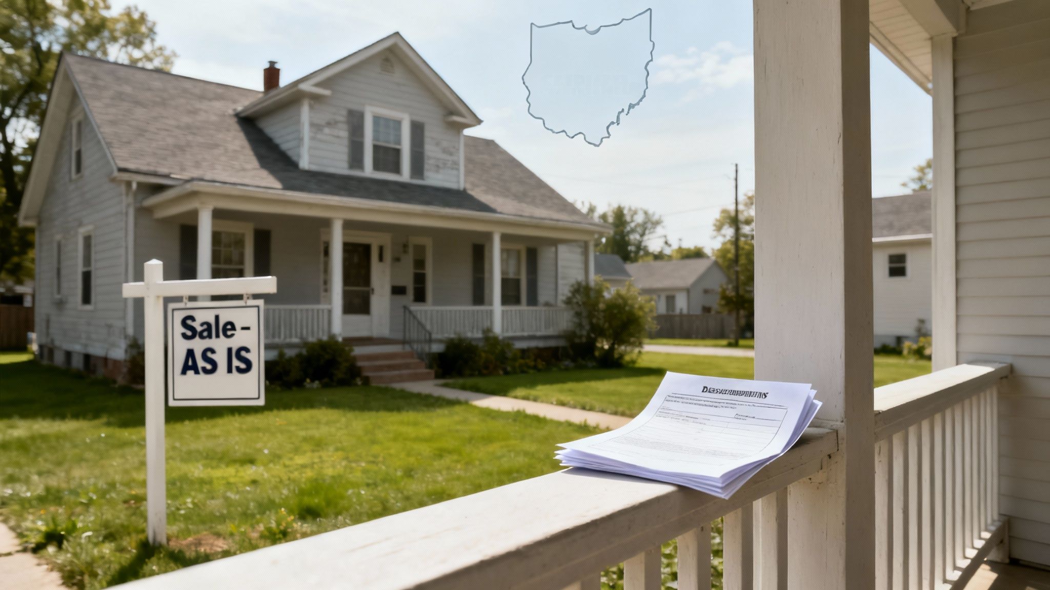 White house with sale as is sign and property documents on porch railing in Ohio