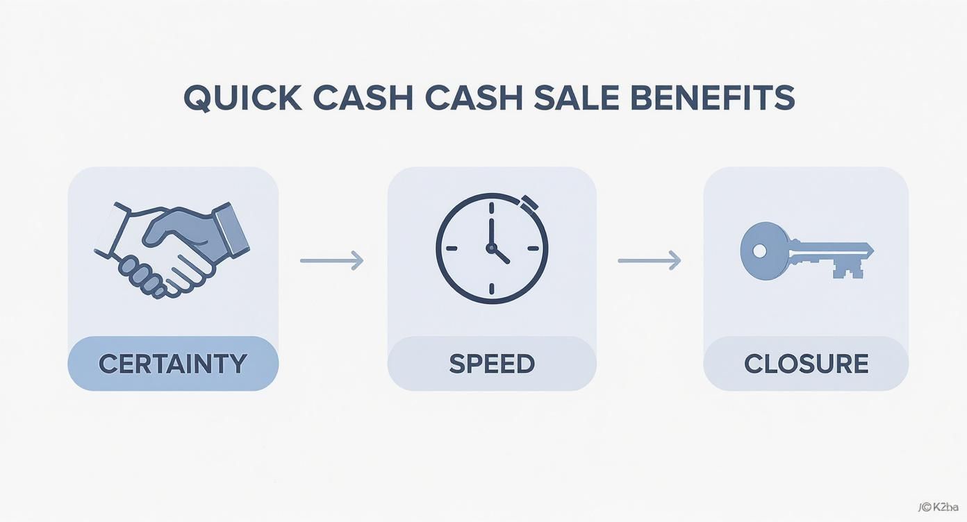 An infographic illustrating the benefits of a quick cash sale: certainty, speed, and closure.