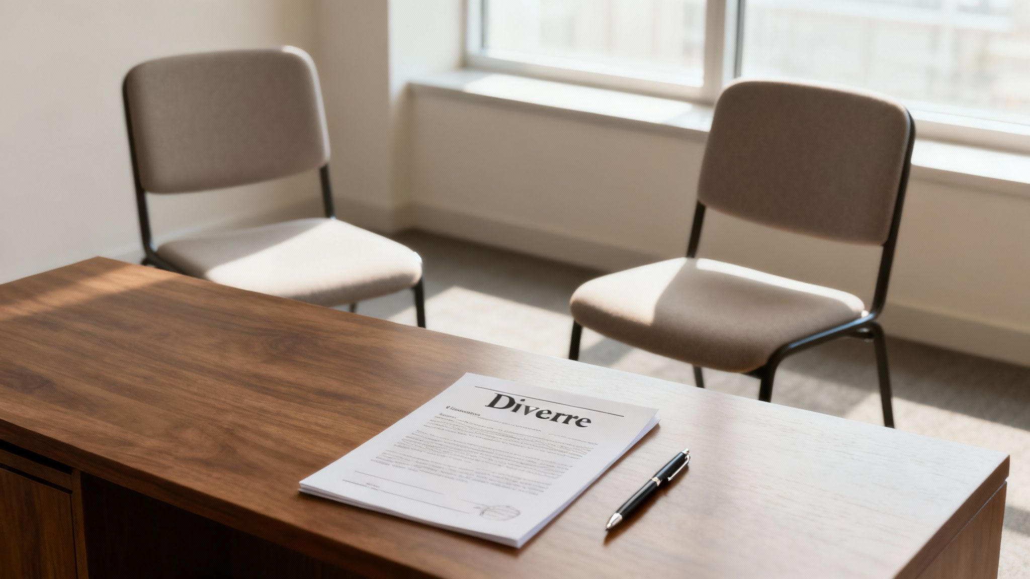 A document titled 'Diverre' and a pen on a wooden desk, with two empty chairs in an office.