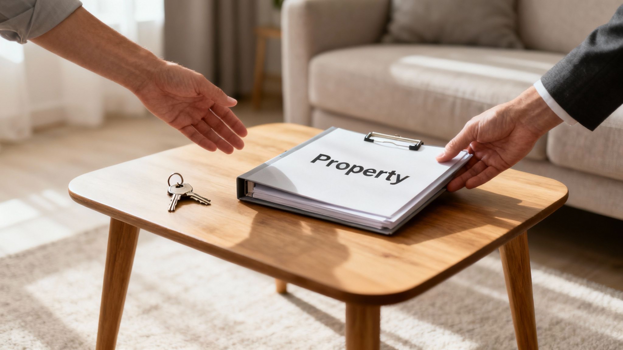 Two people's hands engaged in a property transaction, with keys and a