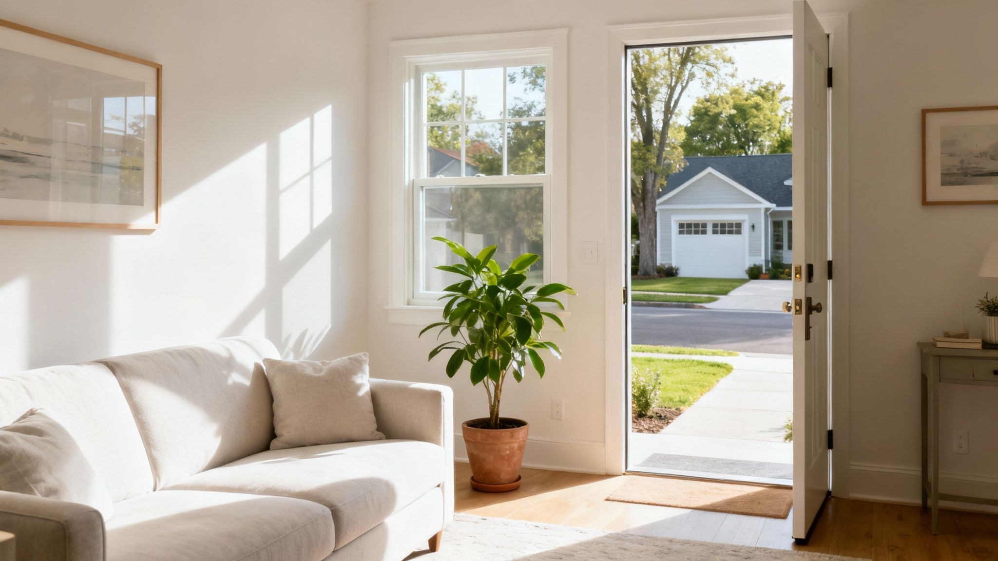 Bright living room with a beige couch, potted plant, and window. Open door reveals a suburban street.