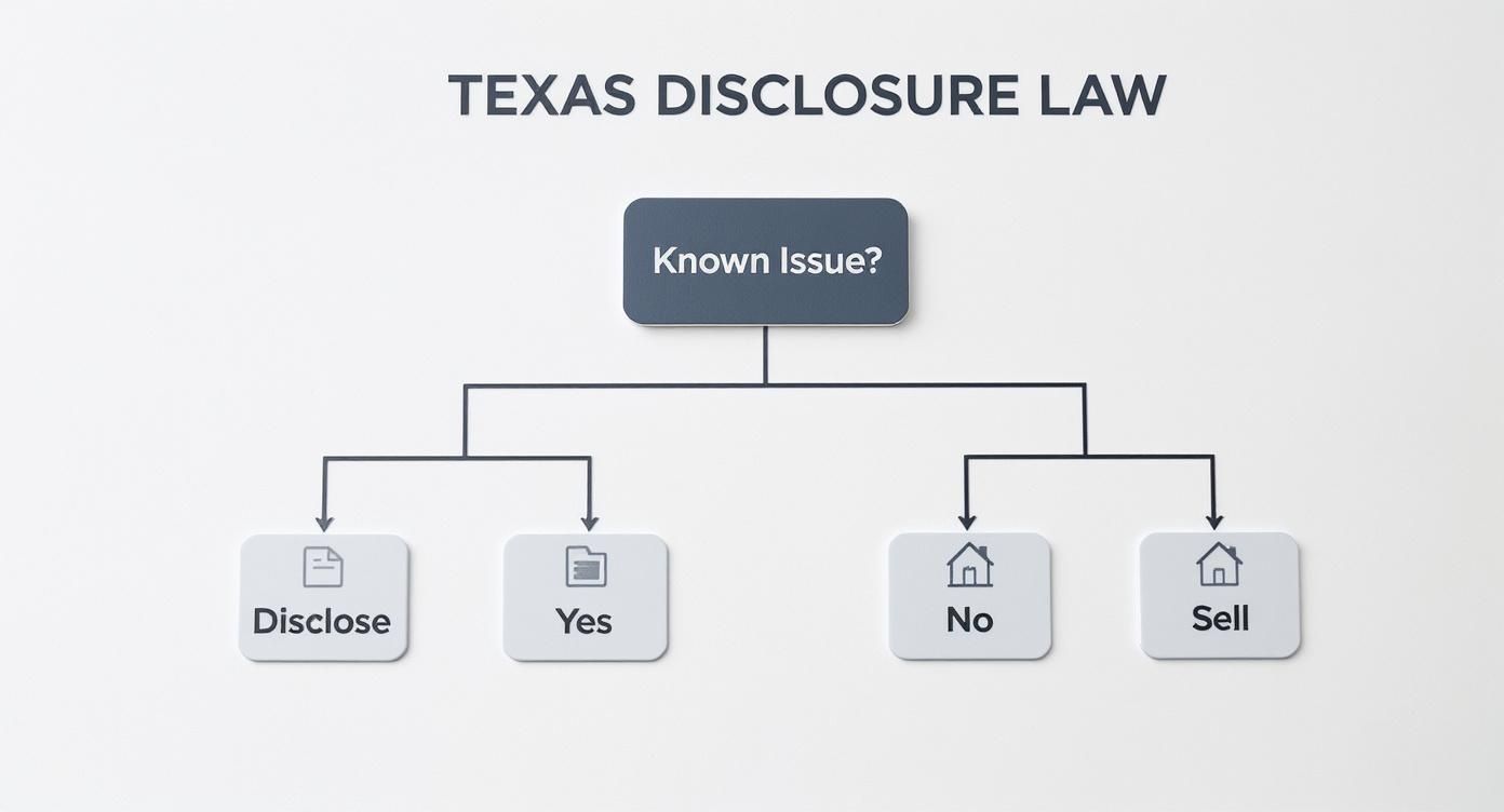 Flowchart outlining Texas Disclosure Law regarding known issues, with options to Disclose, Yes, No, or Sell.