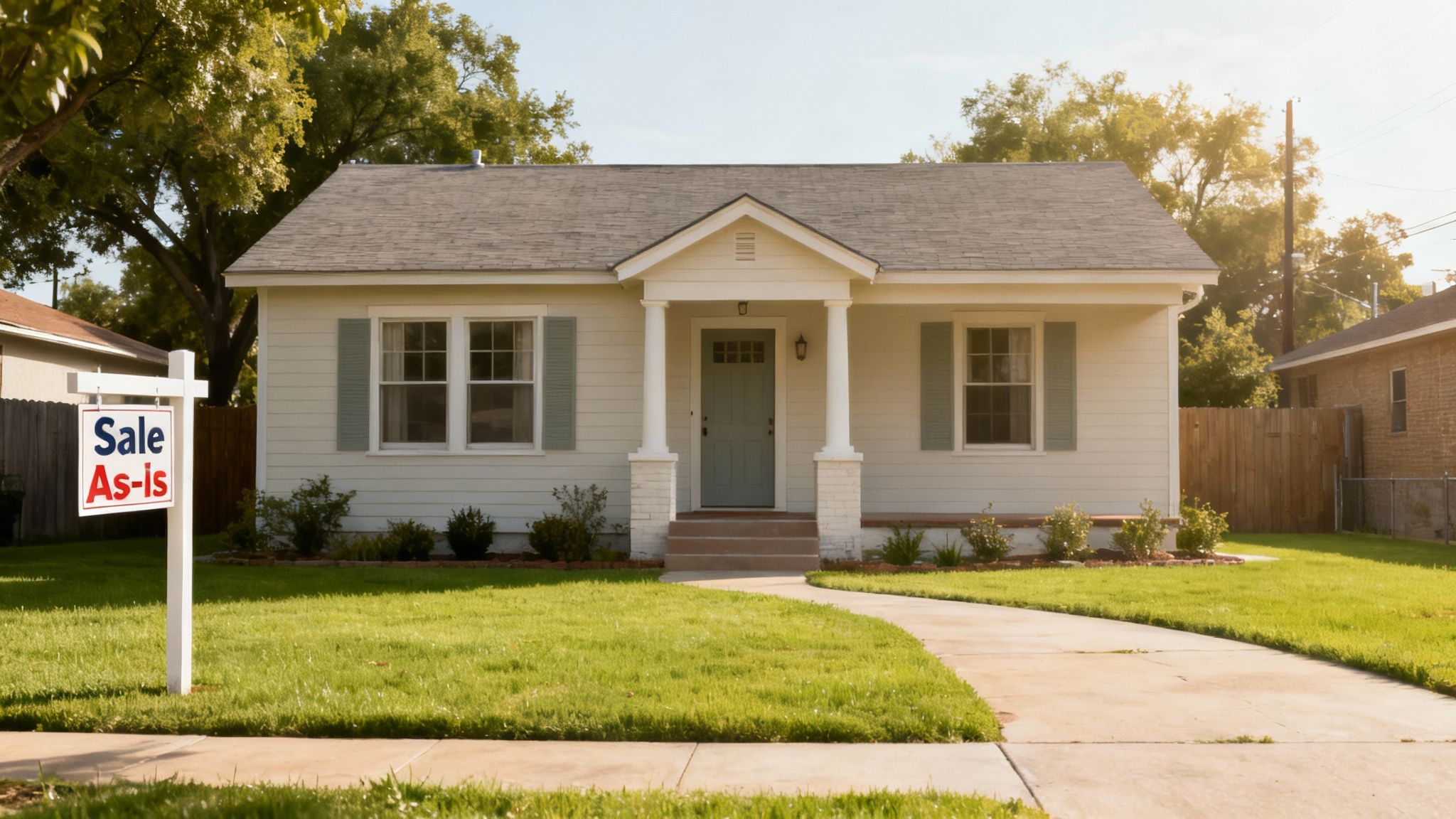 Small single-story house with green shutters and a "Sale As-Is" sign in the sunny front yard.