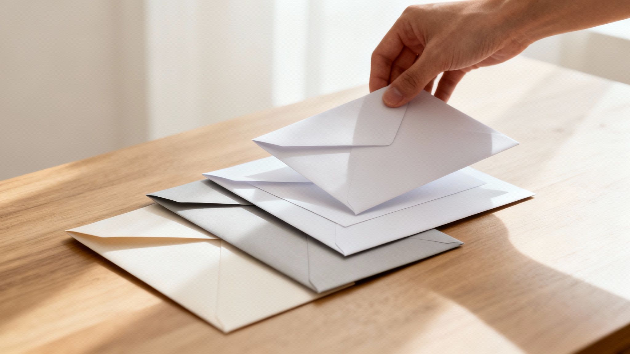 A hand places a white envelope on a stack of various colored envelopes on a wooden desk.