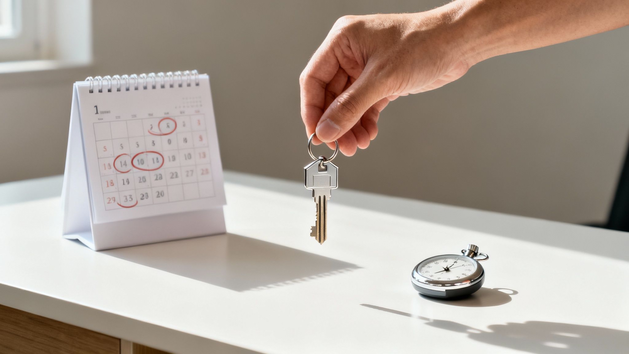 A hand holds a house key above a desk with a calendar showing circled dates and a stopwatch.