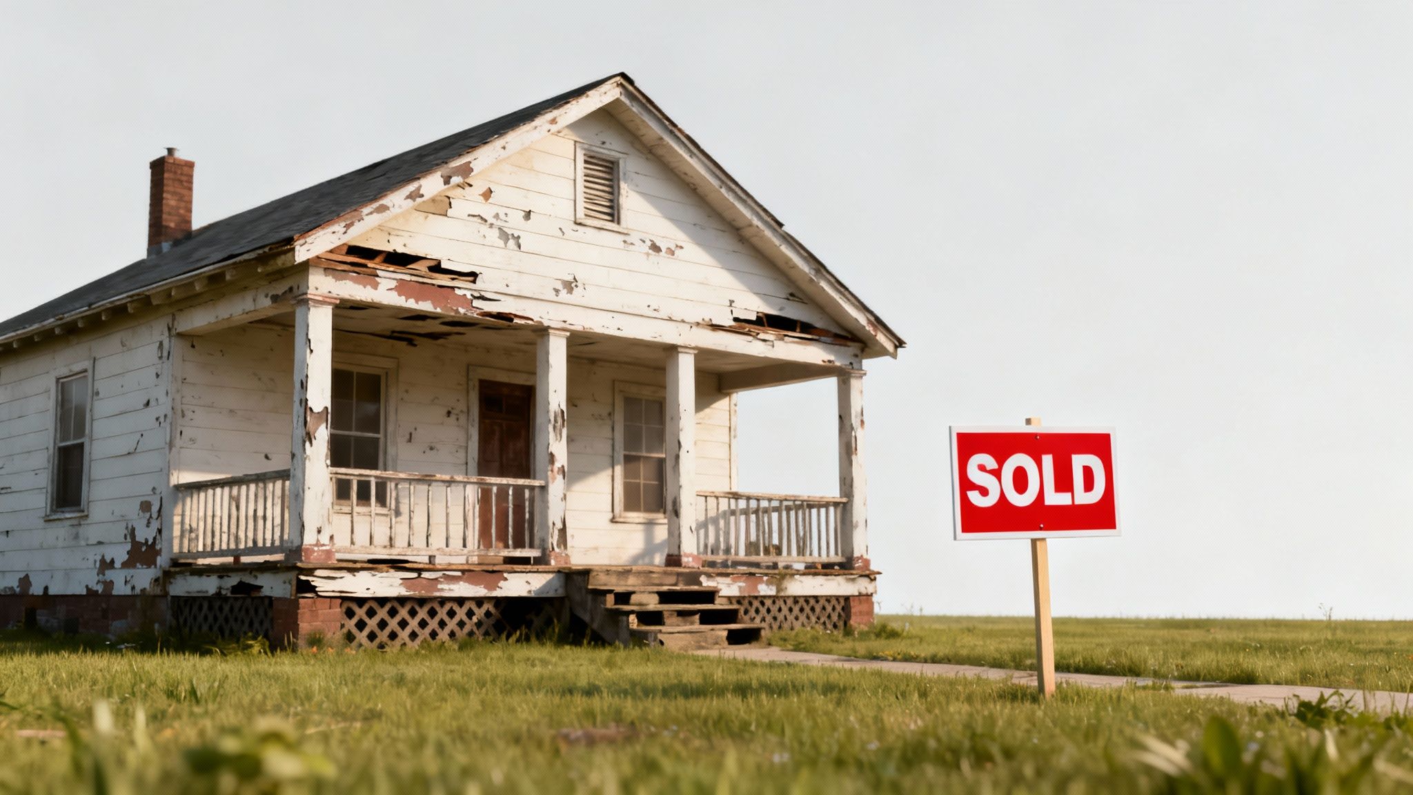 An old, worn-out white house with peeling paint and a red "SOLD" sign in front.