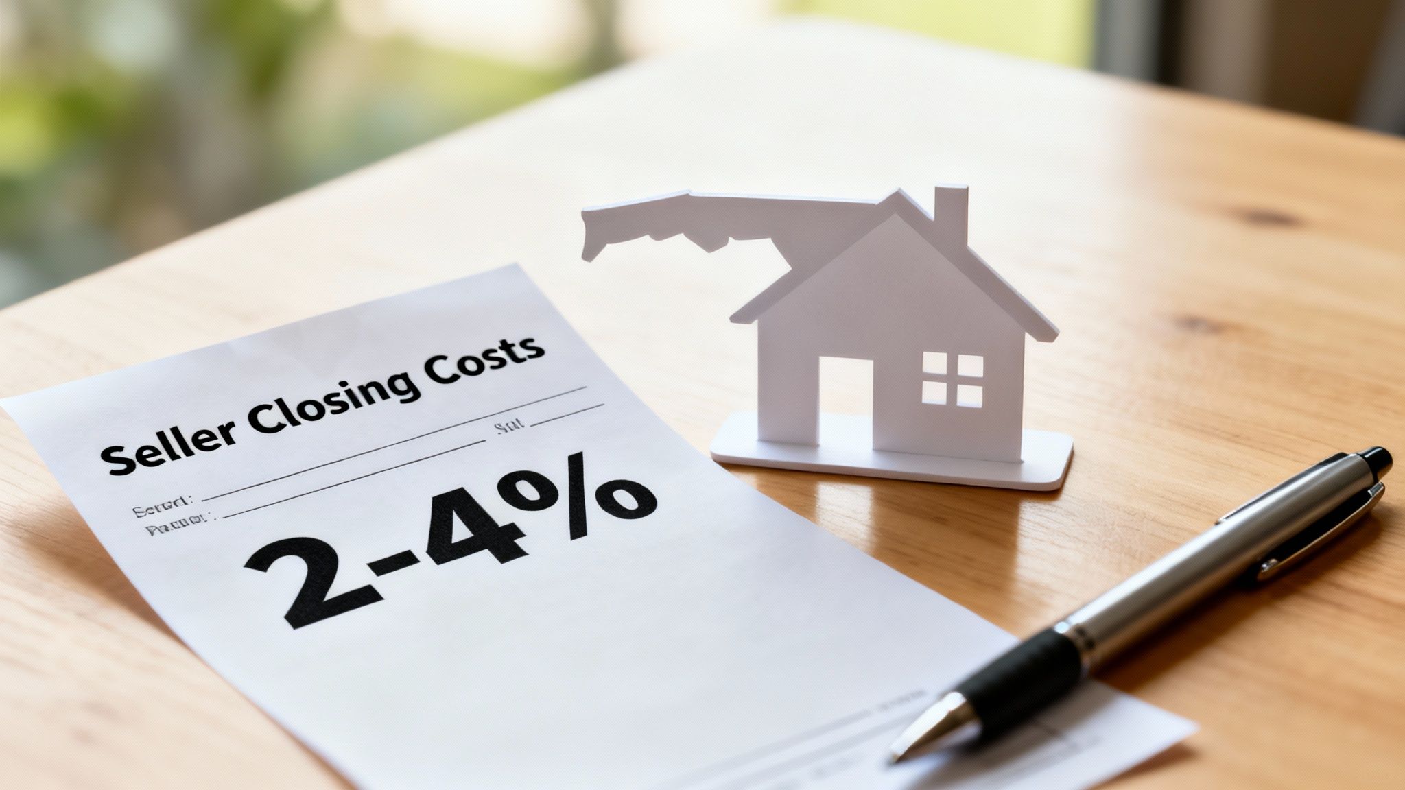 A document showing 'Seller Closing Costs' with '2-4%', a white model house, and a pen on a wooden table.