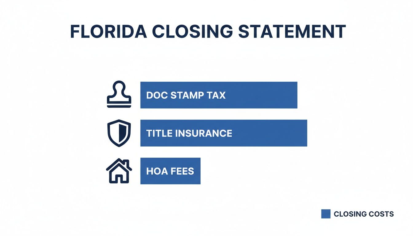 An infographic detailing Florida closing costs, including doc stamp tax, title insurance, and HOA fees.