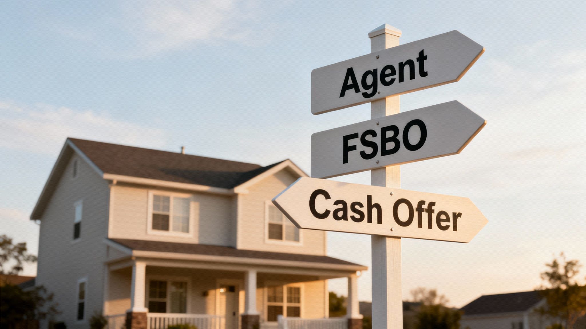A signpost with arrows points to options for selling a house: Agent, FSBO, and Cash Offer.