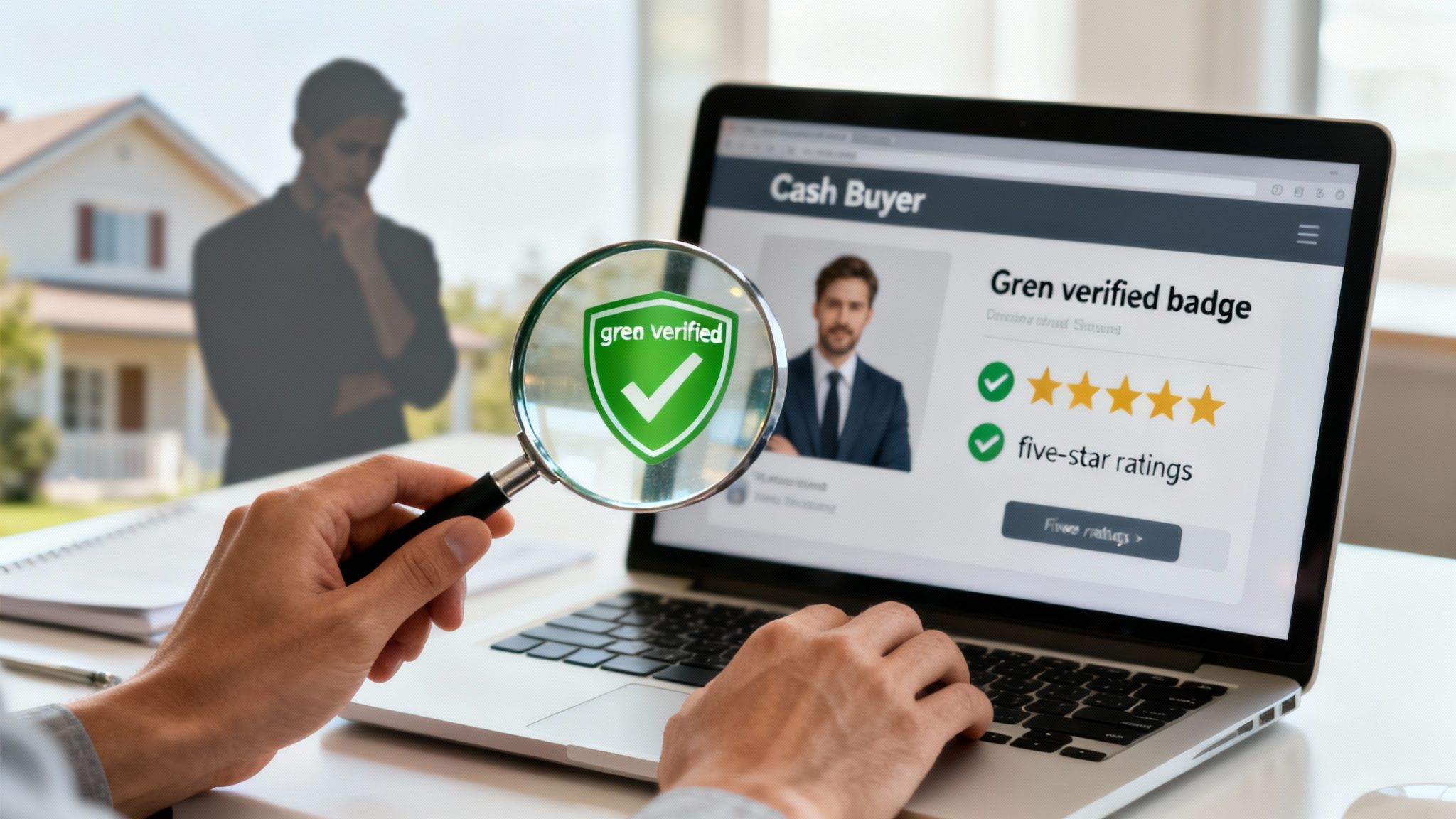 Hands researching a 'Cash Buyer' on a laptop, magnifying a 'gren verified badge' and five-star ratings.