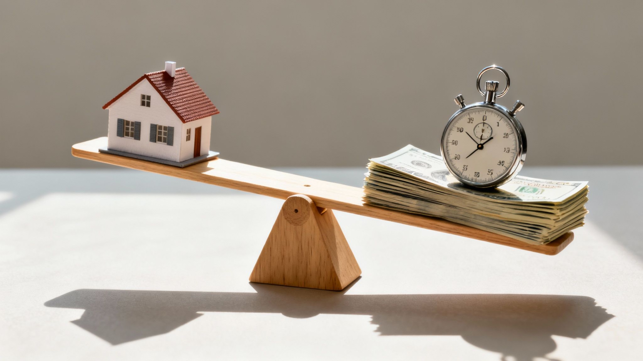 A seesaw balancing a house model with money and a stopwatch, symbolizing real estate decisions.