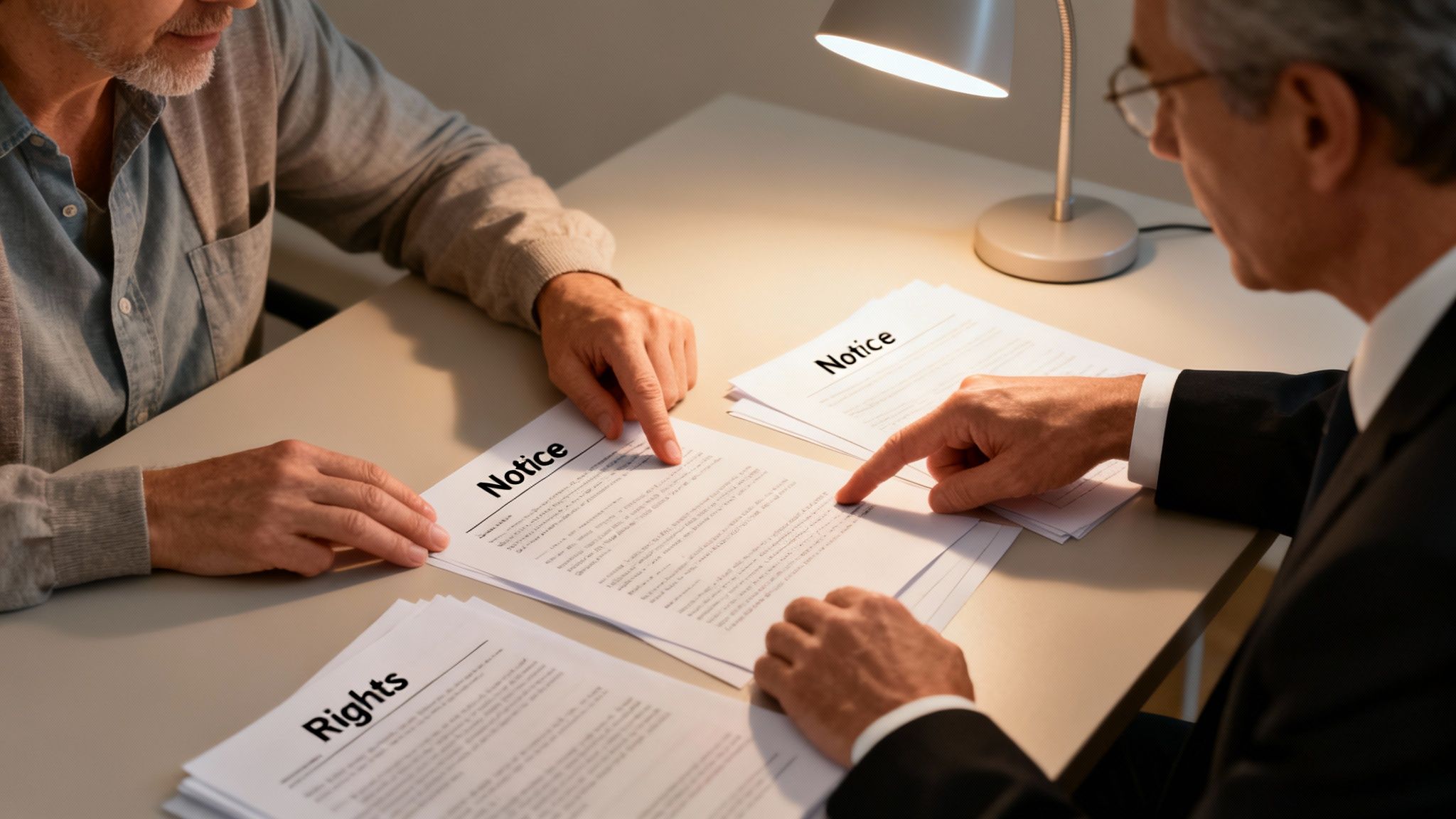 Two men discuss legal documents, including a 'Notice' and 'Rights' form, under a desk lamp.