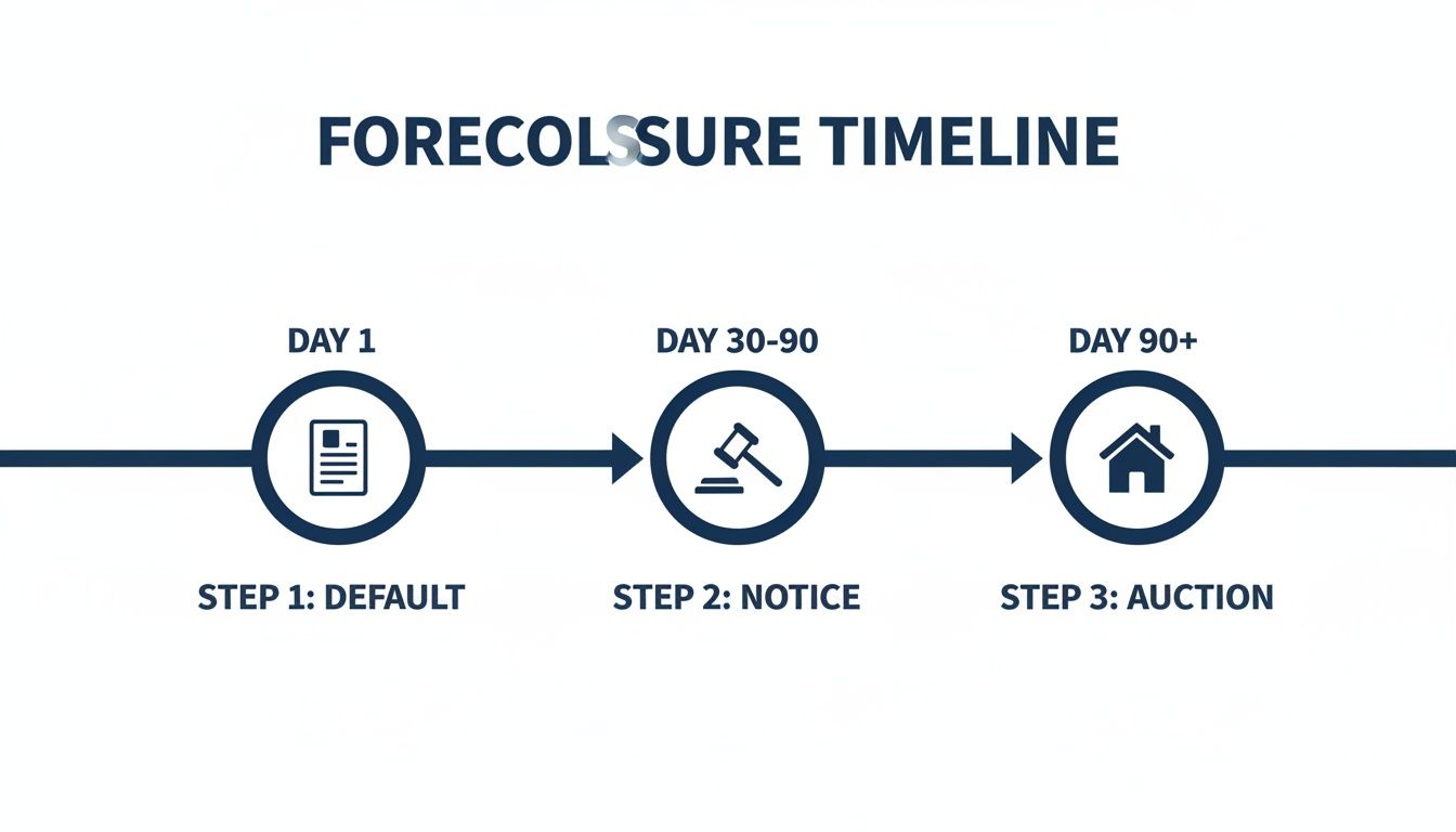 Infographic illustrating the foreclosure timeline with steps for default, notice, and auction process.