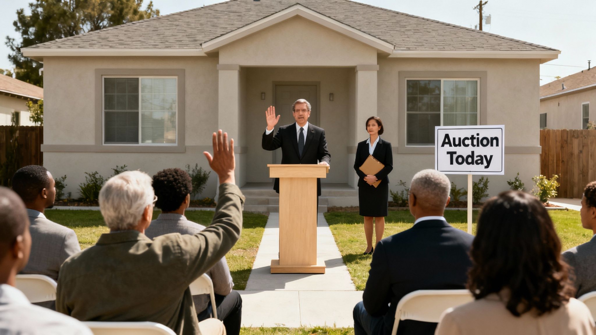 People attending a house auction in front of a home with an auctioneer and a sign saying 'Auction Today'.