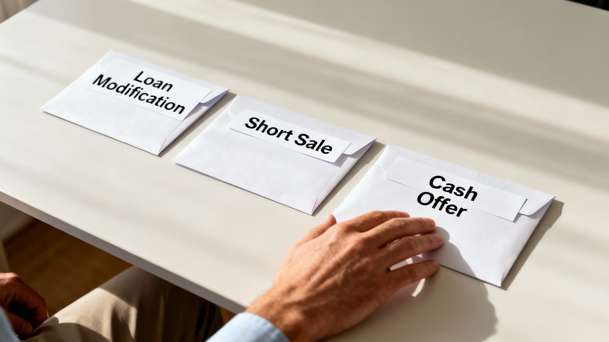 A person's hand reaches for a 'Cash Offer' envelope, with 'Loan Modification' and 'Short Sale' options visible.